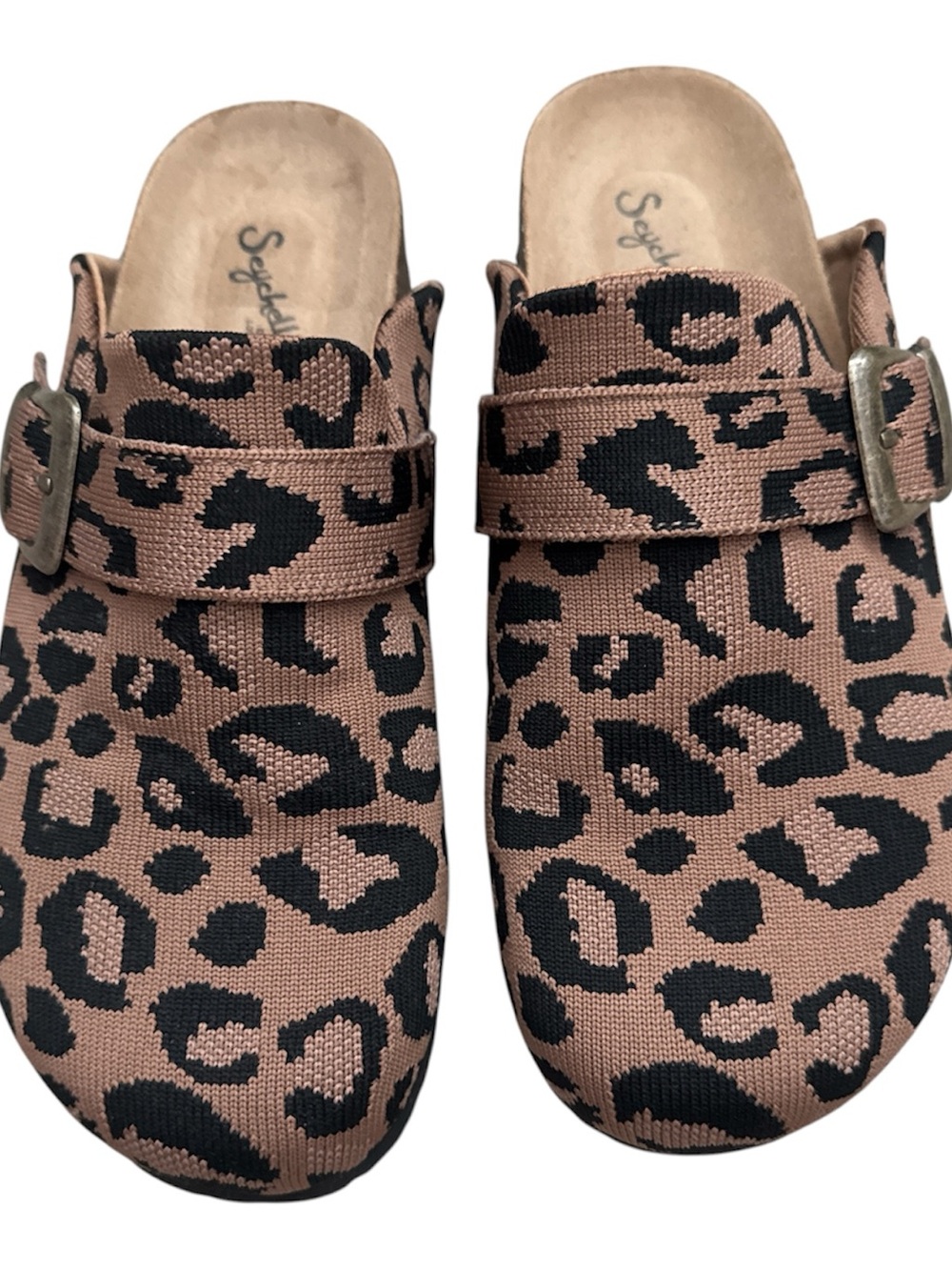 Seychelles Leopard Knit Slide Clogs in Taupe and Black